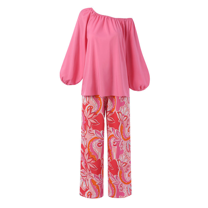 Pants Sets Fashion One Shoulder 3/4 Sleeve Tops Floral Print Wide Leg Trouser Women Two Piece Sets Casual Loose Suit