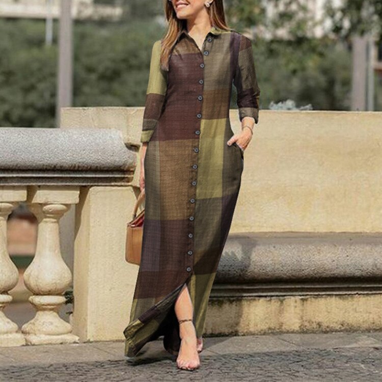 sixsr Fall Outfits Autumn Vintage Floral Printed Cotton Dress Women Casual Lapel Collar Button Up Dresses Bohemian Vestidos Long Robe