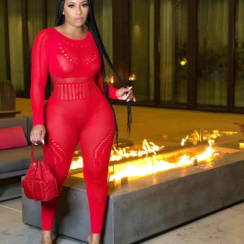 sixsr Hollow Out Knitted Mesh Jumpsuits Women Sexy See Through Long Sleeve Hipster Stretchy Skinny Overalls Clubwear Romper