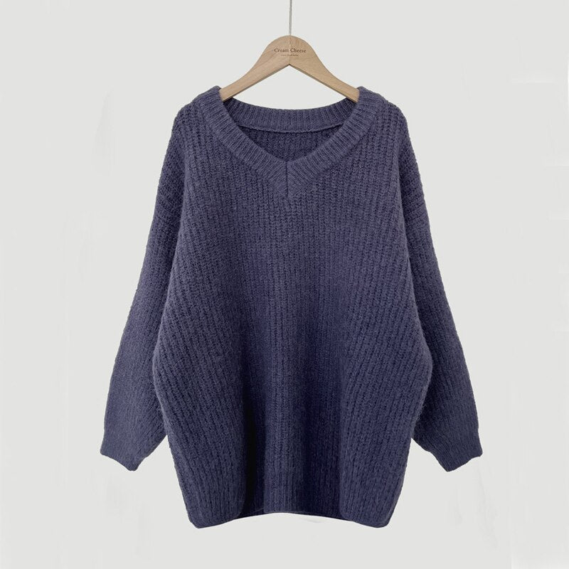 Green Oversized Sweaters for Women Fall Winter Korean Fashion Long Loose Pullovers V Neck Long Sleeve Jumpers
