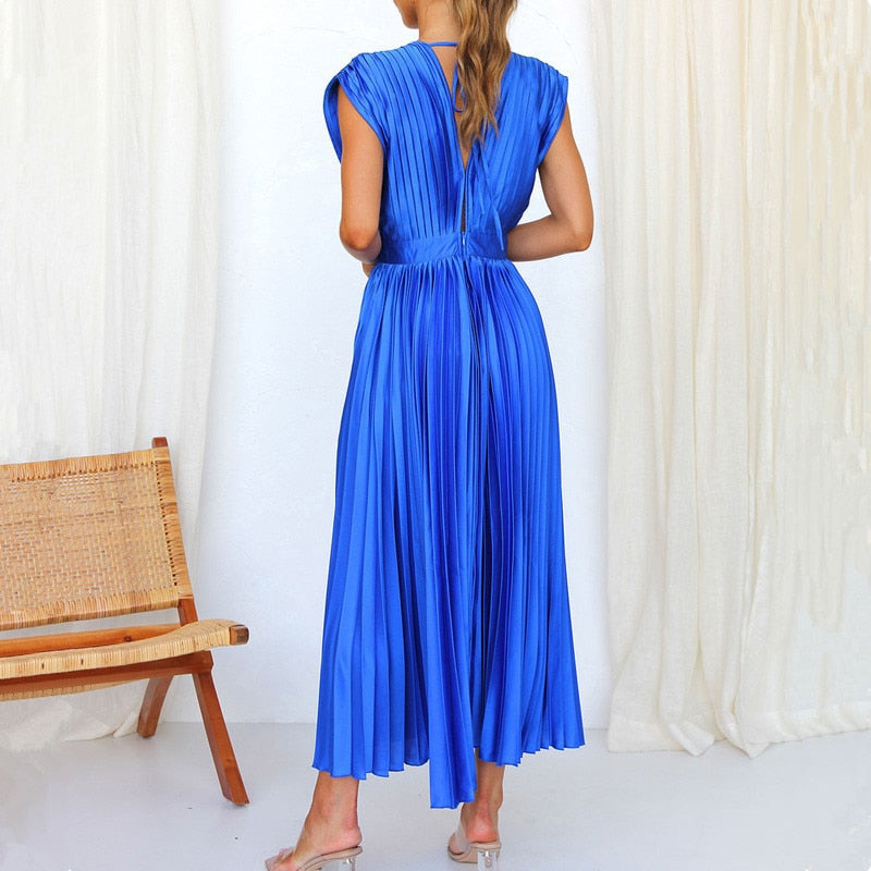 Spring Summer Sexy Women Dress Elegant Fashion Sleeveless V Neck Hollow Out Back Big Hem Pleated Dress