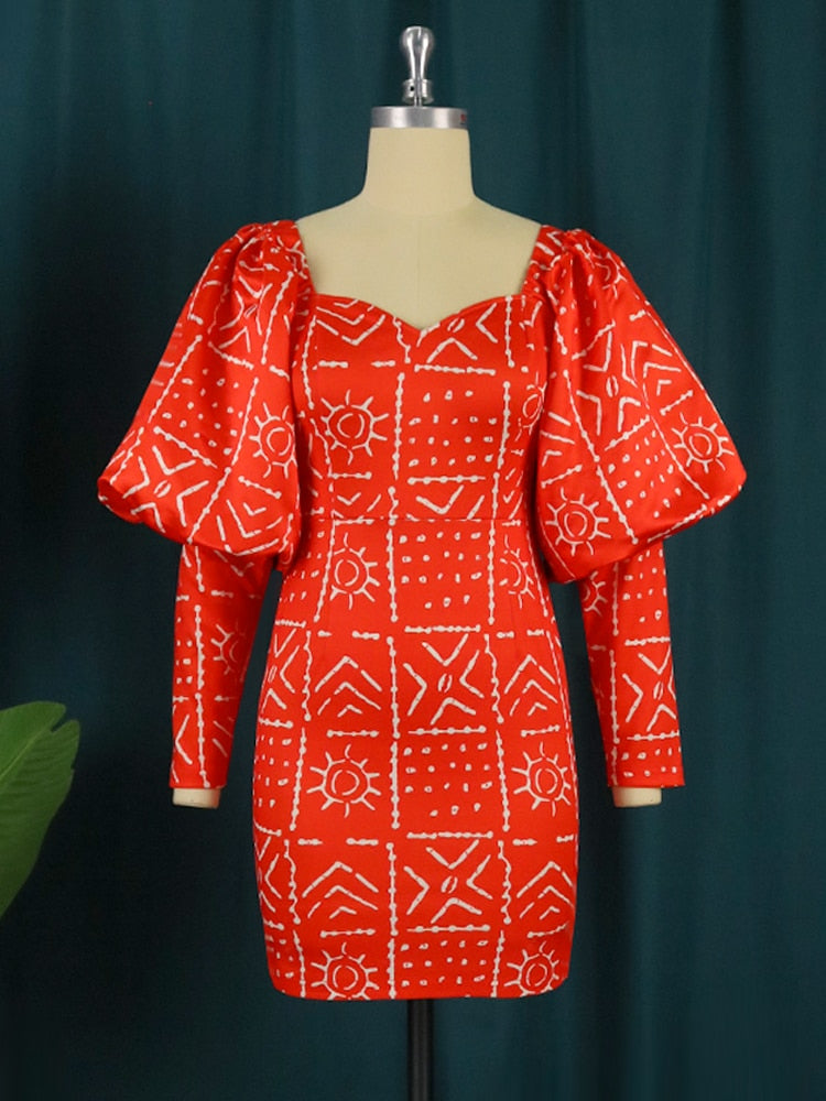 sixsr Fashion Trends Women Dress Sexy Party Printed Long Lantern Sleeves Vintage Retro Large Size Mini African Female Event Celebrate Gown Robes