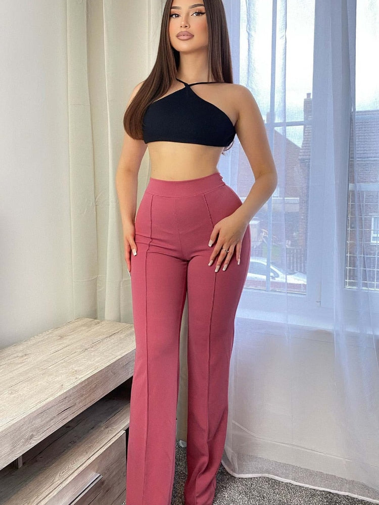 Spring Autumn New Slim Solid Tone Flare Pants Fashion Korean Version Elastic Waist Street Dress Women Suit Wide Leg Pants