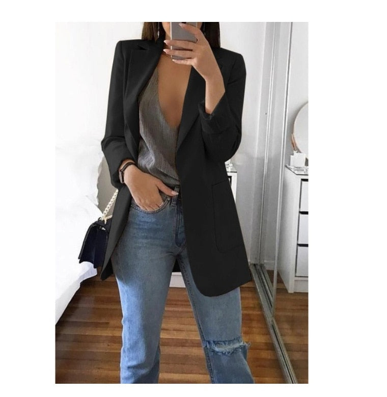 Fashion Korean Casual Women's Blazer Spring Autumn Long Blazer Women Suit Outwear Slim Coats Office Ladies Blazer Work Jacket