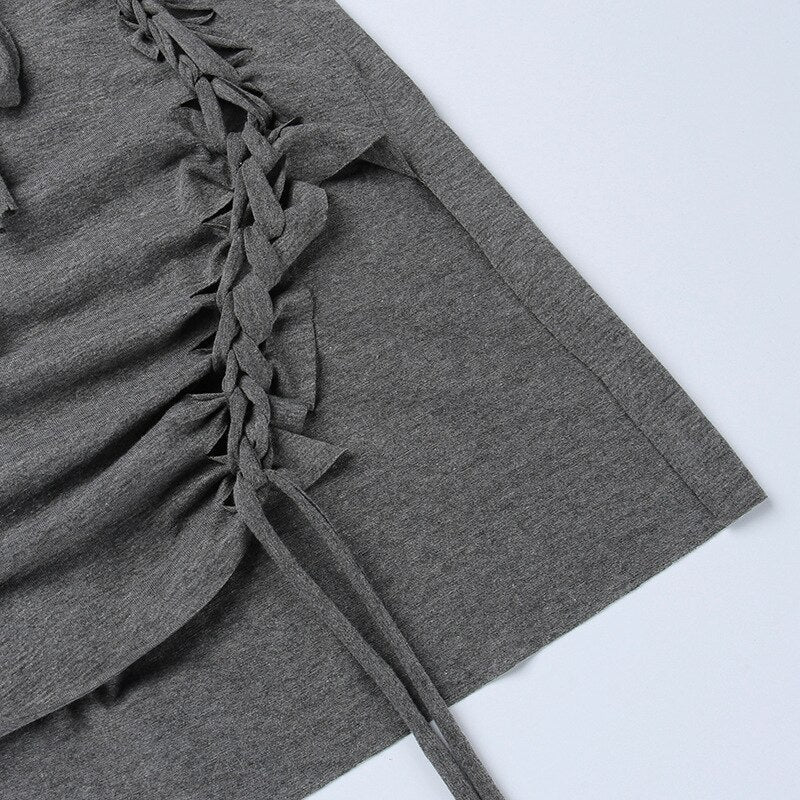 Dark Gray Hollow Out Mini Dress Sexy Drawstring Bandage Backless Summer Dresses for Women Birthday Party Clubwear