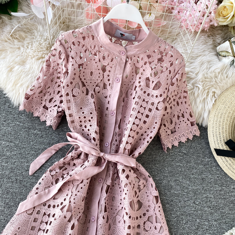 Sixsr Women Elegant Hollow Out Lace Dress Office Lady Summer Solid O-Neck Button up Sashes Midi Dress Female Chic Short Sleeve Dress