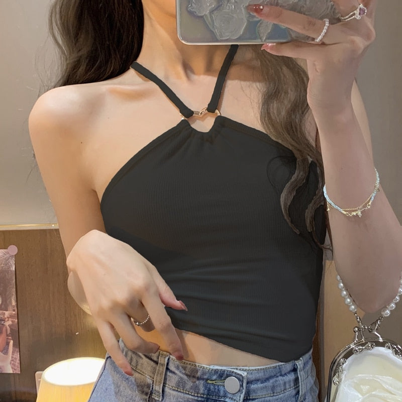 Sexy Camis Tank Top for Women Spring New Sleeveless Neck Mounted Backless Slim Tanks Fashion Solid Casual Crop Top