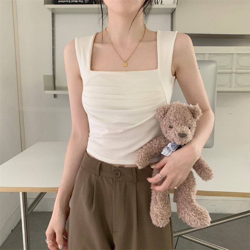 Solid Tank Top for Women Summer New Korean Fashion Sleeveless Square Collar Slim Crop Top Chic Casual Y2k Tanks