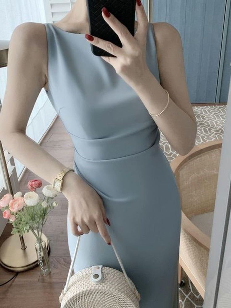Sixsr New Women Summer Fashion Spaghetti Strap Sleeveless Sexy Dress Female Elegant Evening Midi Dress