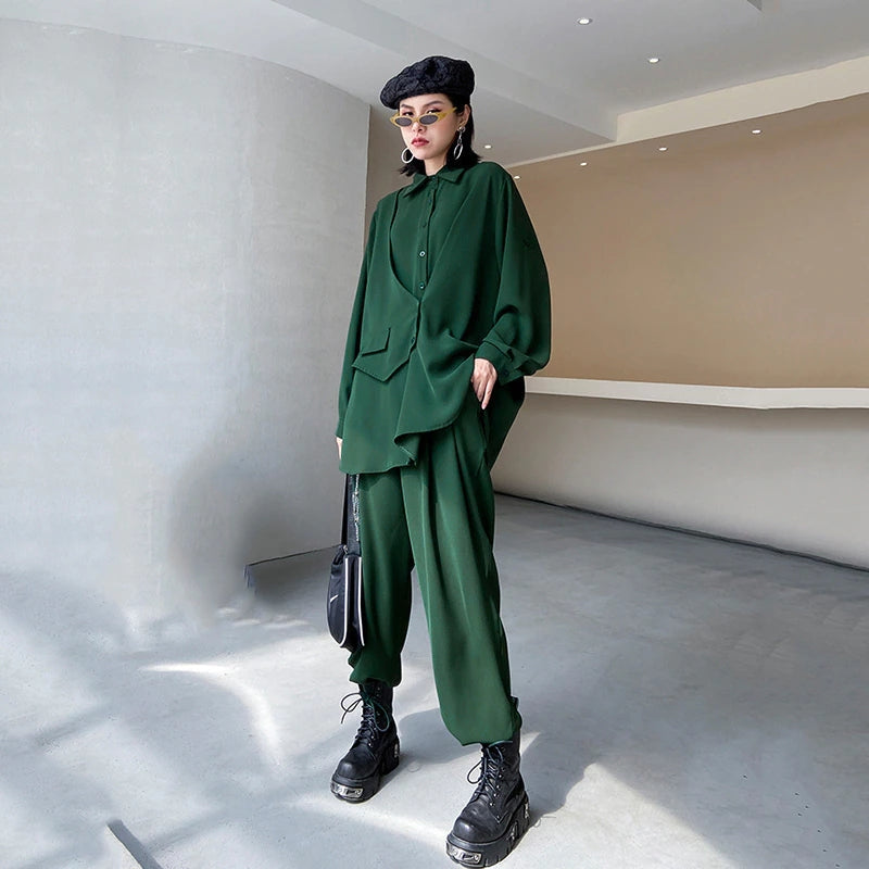 sixsr Wide Leg Pants Irregular Big Size Two Piece Suit New Lapel Long Sleeve Loose Fit Women Fashion Spring Autumn