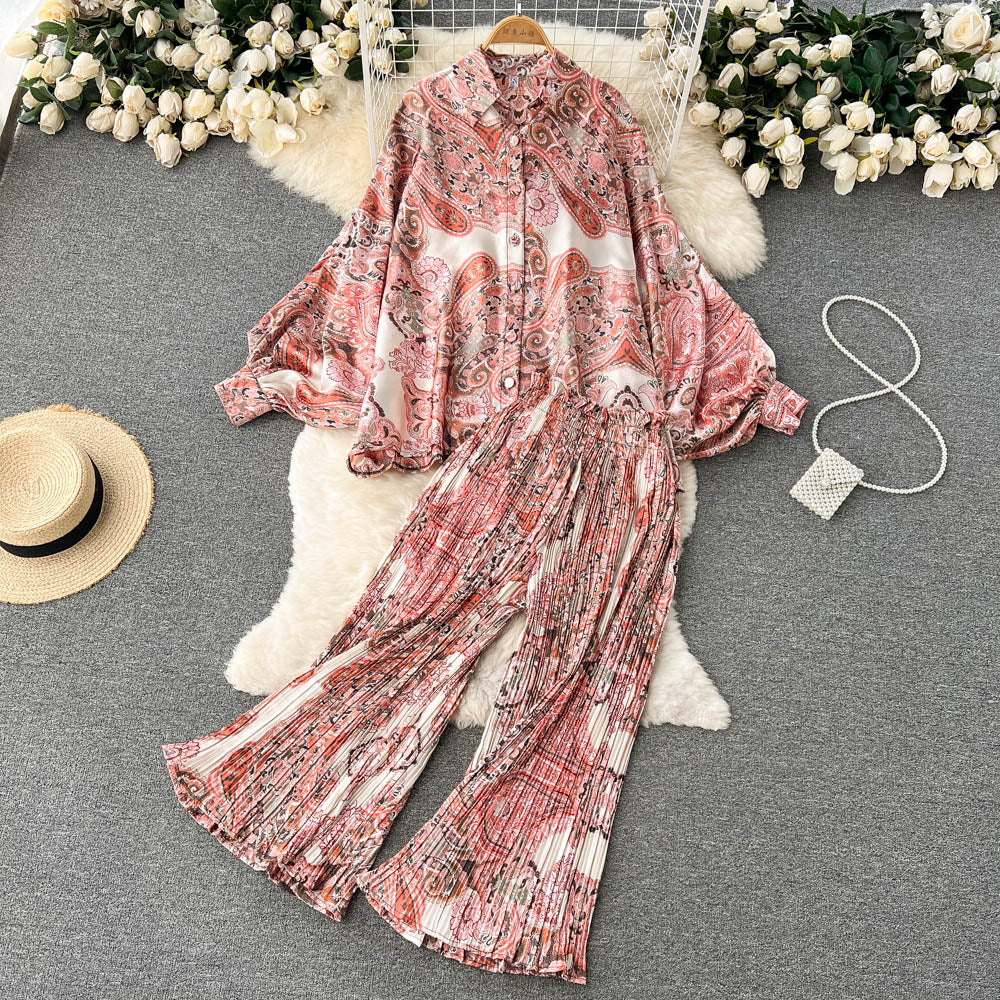 sixsr Women's Dress Spring Retro Print Casual Set Design Batwing Sleeve Single Breasted Blouse+High Waist Long Pants Two Piece Suits