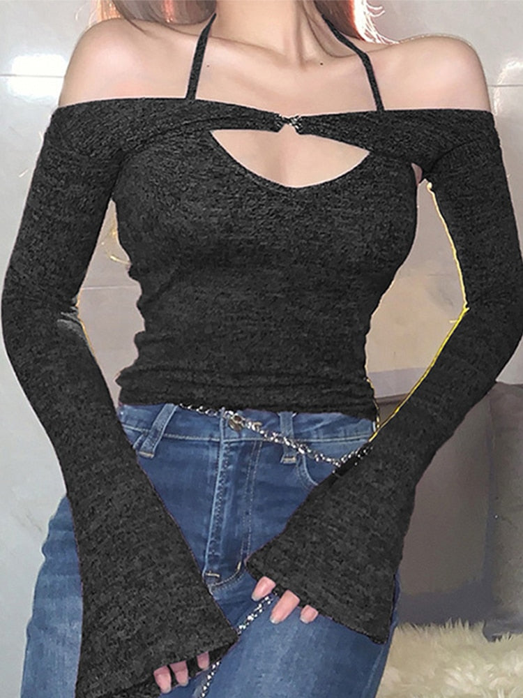 Sixsr Y2K Top Women Long Sleeve T-Shirts 2 Piece Tops Halter Tanks Backless Crop Top Off Shoulder Tees Sexy Christmas Clothes