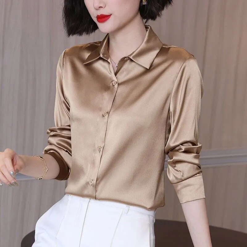 Sixsr Brand Quality Luxury Women Shirt Elegant Office Button Up Long Sleeve Shirts Momi Silk Crepe Satin Blouses for Women Fashion Business Ladies Top