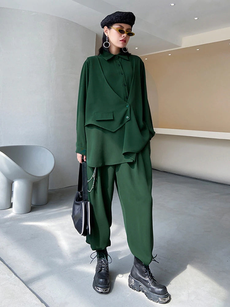 sixsr Wide Leg Pants Irregular Big Size Two Piece Suit New Lapel Long Sleeve Loose Fit Women Fashion Spring Autumn