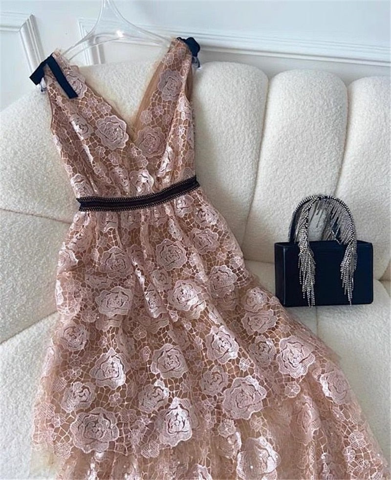 Summer Pink Women Lace Gauze Dress Mesh Tulle V Neck Bow Tie Rose Embroidery Midi Long Sequin Dress Evening Robe Quality