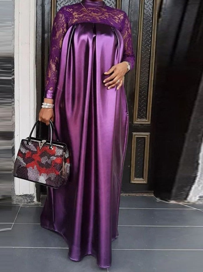 Summer Kaftan Party Dress Bohemian Women Long Sleeve Mock Neck Lace Patchwork Maxi Long Dress Robe Longues Oversized