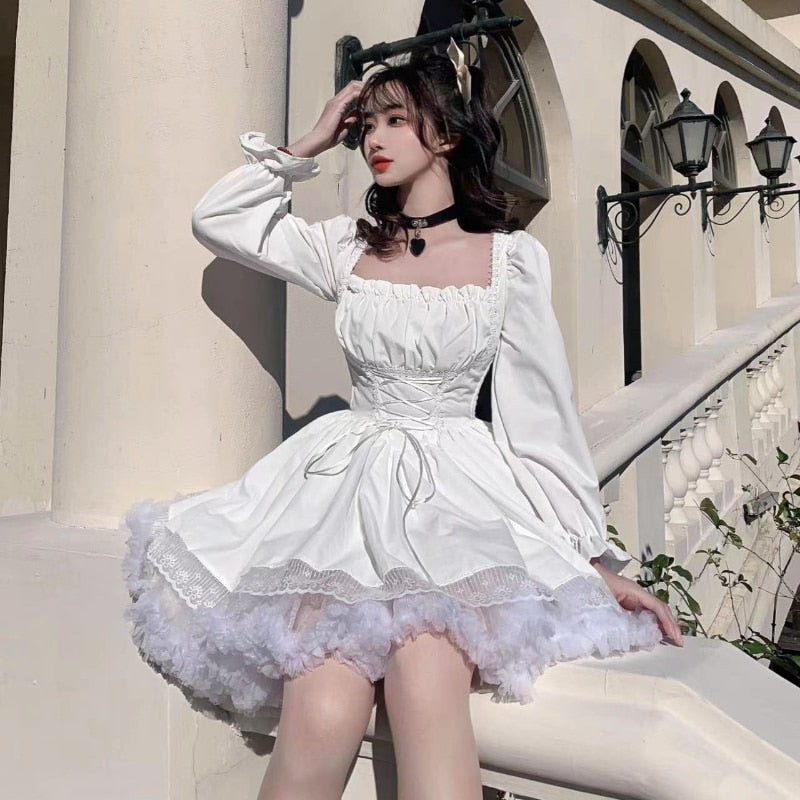 sixsr Womens New Trends White Lolita Dress Kawaii Vinatge Long Sleeve Mini Dresses Black Gothic Bandage Lace Patchwork Streetwear Square Collar
