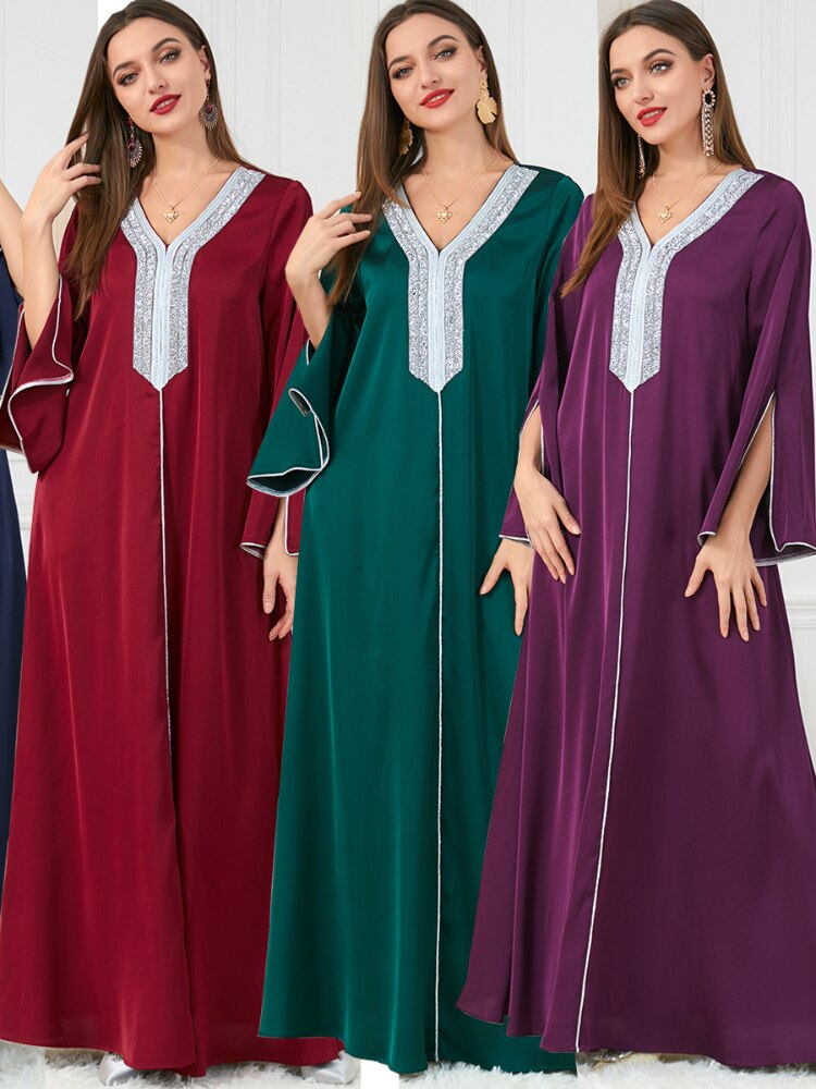 Morocco Party Dress Muslim Women Abaya Prayer Caftan V Neck Diamond Maxi Dresses Robe India Abayas Dubai Longue Vestidos Largos