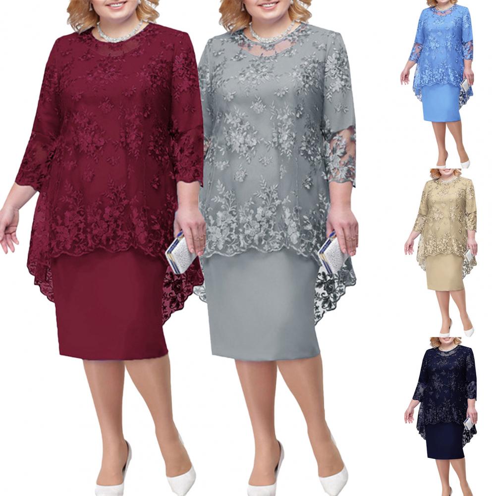sixsr Women Plus Size Dress O-neck Midi Loose Dress M-5XL Lady Evening Lace Mesh Sexy Elegant Dress Female Clothing Summer Autumn