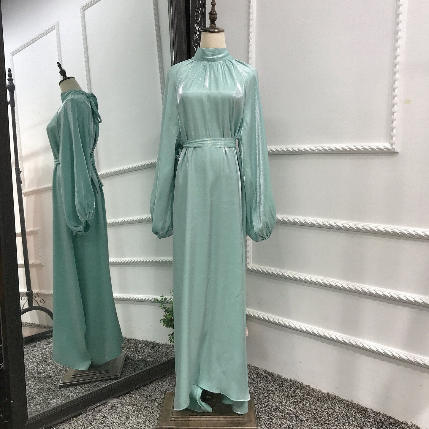New Morocco Long Dress Muslim Women Flowers Printed Silky Long Abayas Robes Fancy Maxi Dress French Stylish Islamic Dress Belt