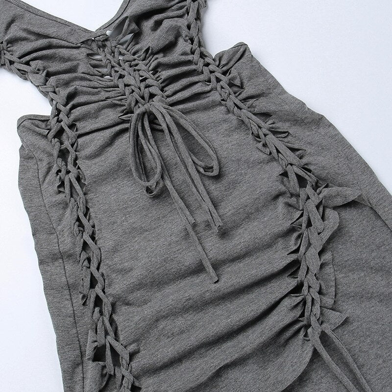Dark Gray Hollow Out Mini Dress Sexy Drawstring Bandage Backless Summer Dresses for Women Birthday Party Clubwear