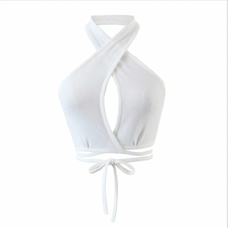 Women Summer Tank Tops Sexy Solid Color Cross Halter Neck Hollow Out Camisole Tie Backless Bandage Cropped Bustier Vest