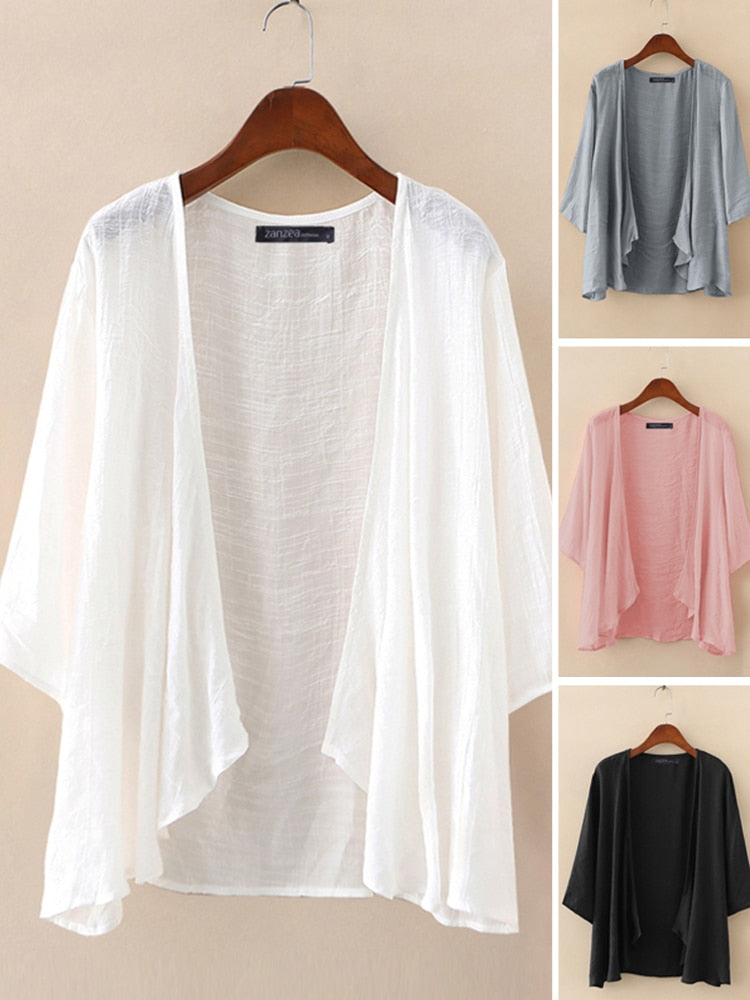 Sixsr Fashion Solid Cardigans Womens Summer Blouse Casual Long Sleeve Blusas Female Thin Tunic Tops Kimono Cape Plus Size
