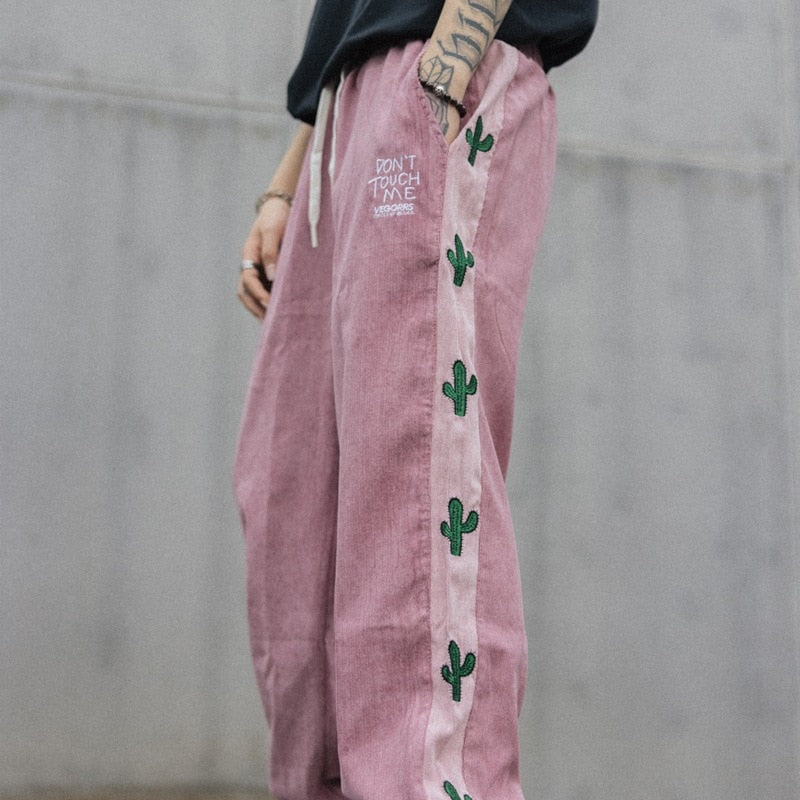 Sixsr American Sweatpants Men and Women Side Stripe Plant Embroidery Joggers Trousers Pants Elastic Waist Straight Baggy Streetwear