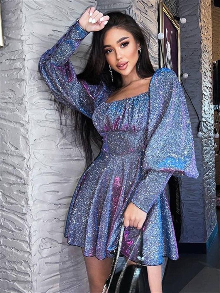 Sixsr Forefair Loose Party Club A Line Long Sleeve Women Mini Dress Spring Summer Casual Shining Glitter Women's Girls Dresses