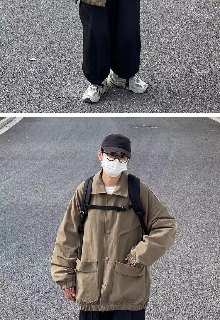 2024 Men's Japanese Vintage Lapel Collar Cargo Jackets Work Clothes Harajuku Loose Casual Coats Solid Color Outerwear M-2XL