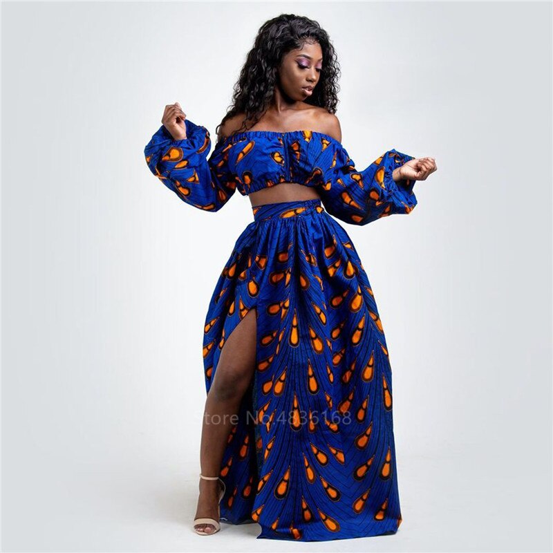sixsr African Dresses for Women Autumn 2-piece Set Lady Full Sleeve Shoulder Off Festher Dashiki Print Split Skirts Africna Clothes
