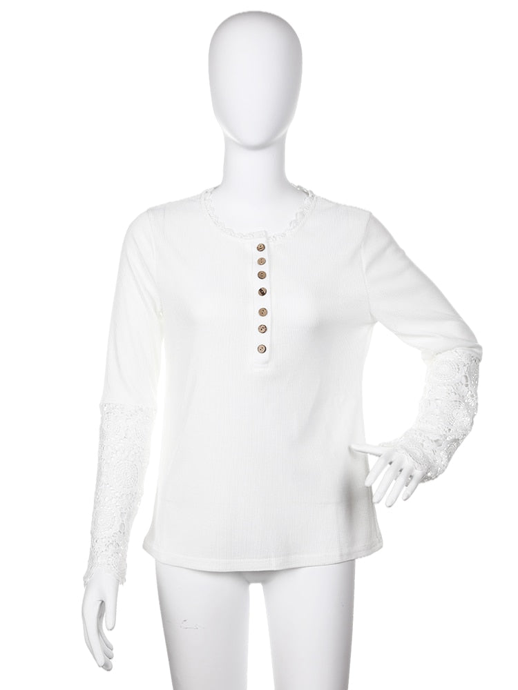 sixsr Lace Splicing Top Long Sleeve T Shirt Woman Button Slim Tops Tee Autumn Spring Patchwork Sleeve T-shirt Women Sexy Streetwear