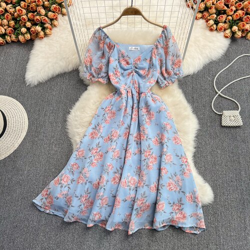 Sixsr Summer Outfits Ladies French Retro V-neck Floral Women Dress Elegant Draped Flowers Short Puff Sleeves Slim Fairy Mid-calf A-line Dress