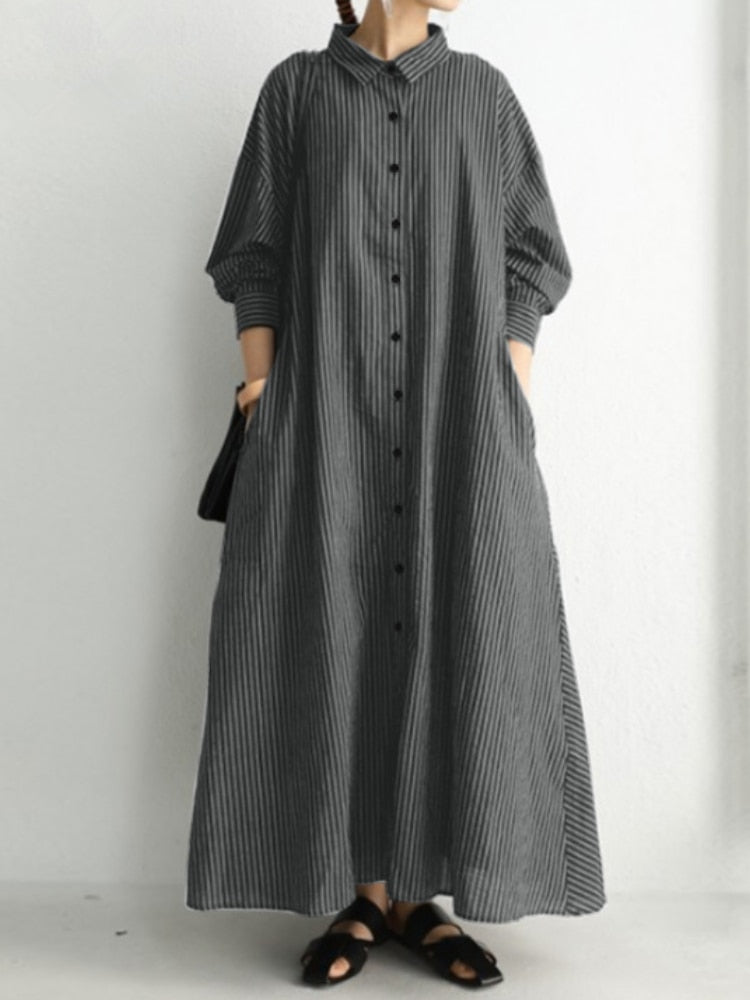Summer New Dress Fashion Cotton Linen Striped Cardigan Loose Large Casual Temperament Commuter Irregular Women's Long Dress tops