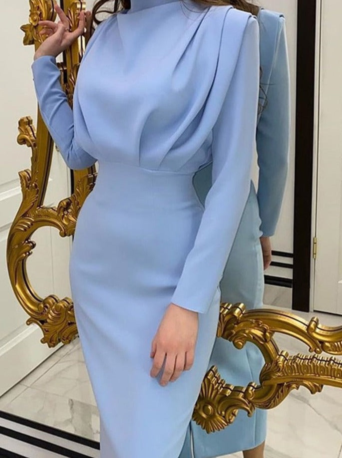 Sixsr Elegant Women Dress Stand Collar Slim Waist Solid Blue Ankle Length Autumn Long Sleeve Casual Party Dress Fashion