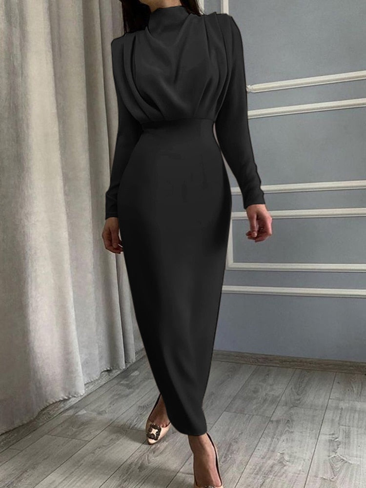 Sixsr Elegant Women Dress Stand Collar Slim Waist Solid Blue Ankle Length Autumn Long Sleeve Casual Party Dress Fashion