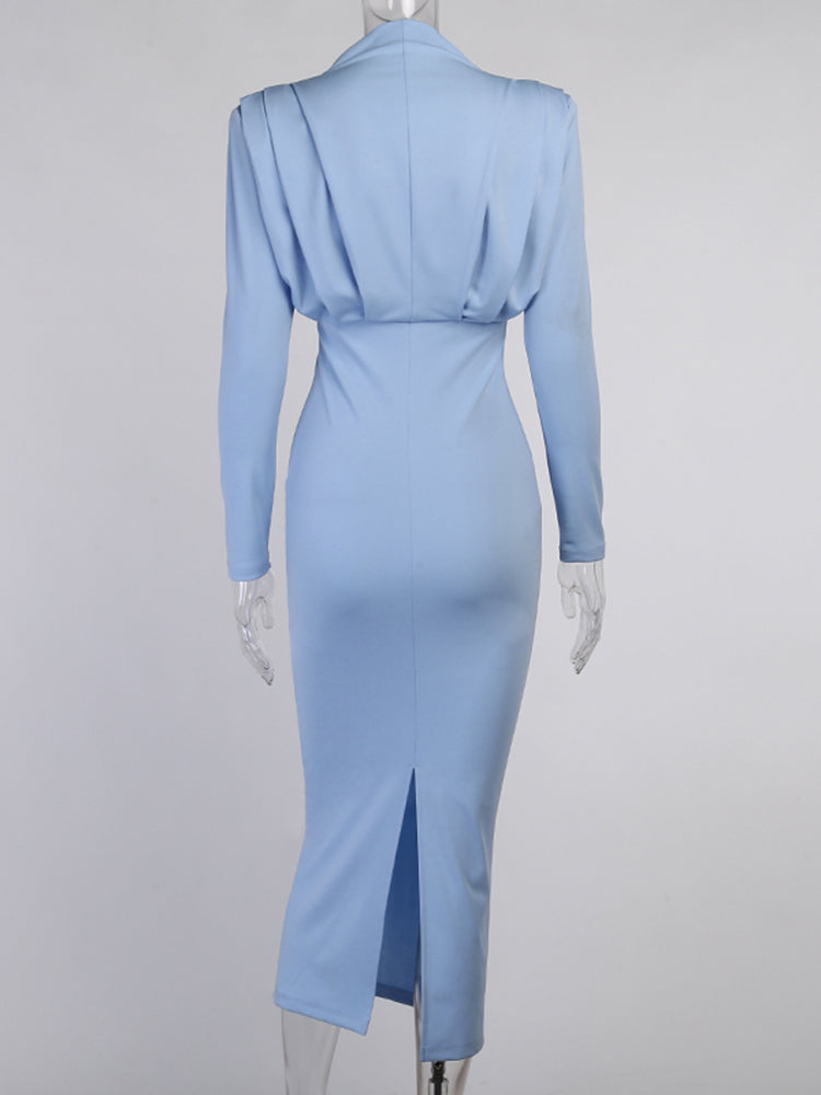 Sixsr Elegant Women Dress Stand Collar Slim Waist Solid Blue Ankle Length Autumn Long Sleeve Casual Party Dress Fashion