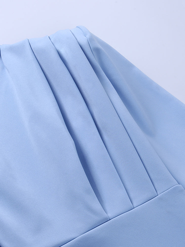 Sixsr Elegant Women Dress Stand Collar Slim Waist Solid Blue Ankle Length Autumn Long Sleeve Casual Party Dress Fashion