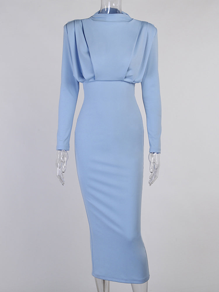 Sixsr Elegant Women Dress Stand Collar Slim Waist Solid Blue Ankle Length Autumn Long Sleeve Casual Party Dress Fashion