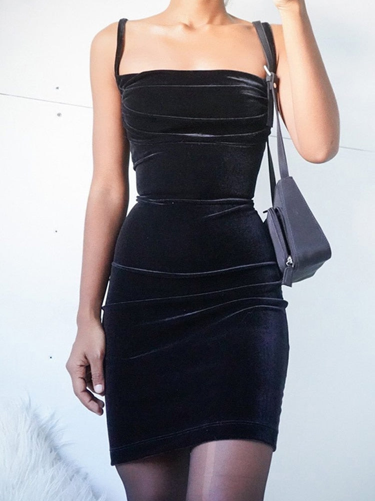 sixsr Womens Fashion Black Velvet Spaghetti Strap Dress Front Ruched Mini Skinny Sleeveless Off Shoulder Women Fashion Elegant Party Dress