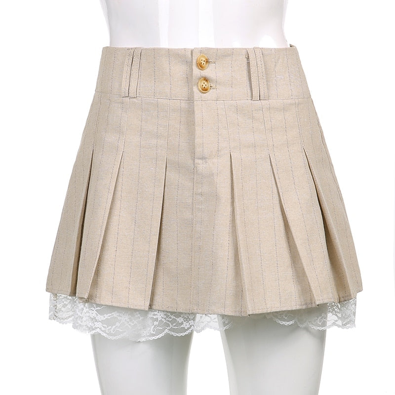 Sixsr Sweetown Korean Fashion Khaki Short Skirt Lace Trim Cute Pleated Skirts Womens Preppy Style Button Up High Waist Summer Skirt
