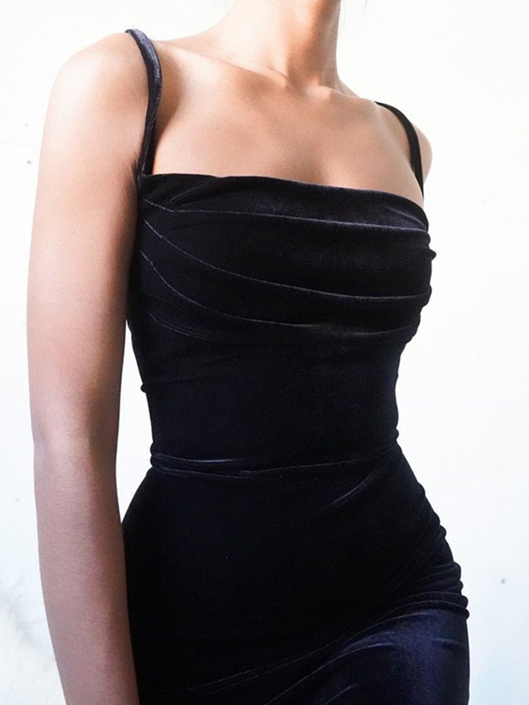 sixsr Womens Fashion Black Velvet Spaghetti Strap Dress Front Ruched Mini Skinny Sleeveless Off Shoulder Women Fashion Elegant Party Dress