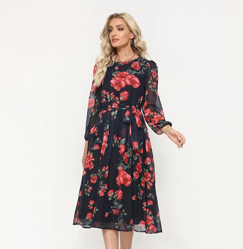 sixsr Summer Outfits Fashion Trends Elegant Dot Print Long Sleeve Polka Dress O Neck Chiffon A Line Women Casual Dress Vintage Midi Vestidos