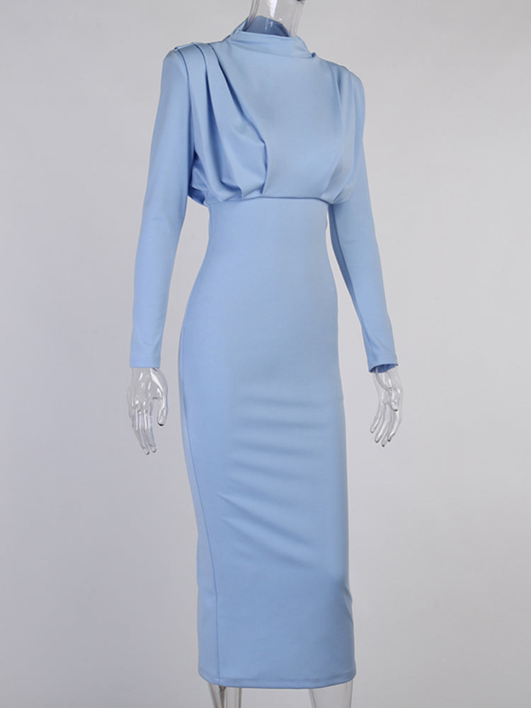 Sixsr Elegant Women Dress Stand Collar Slim Waist Solid Blue Ankle Length Autumn Long Sleeve Casual Party Dress Fashion