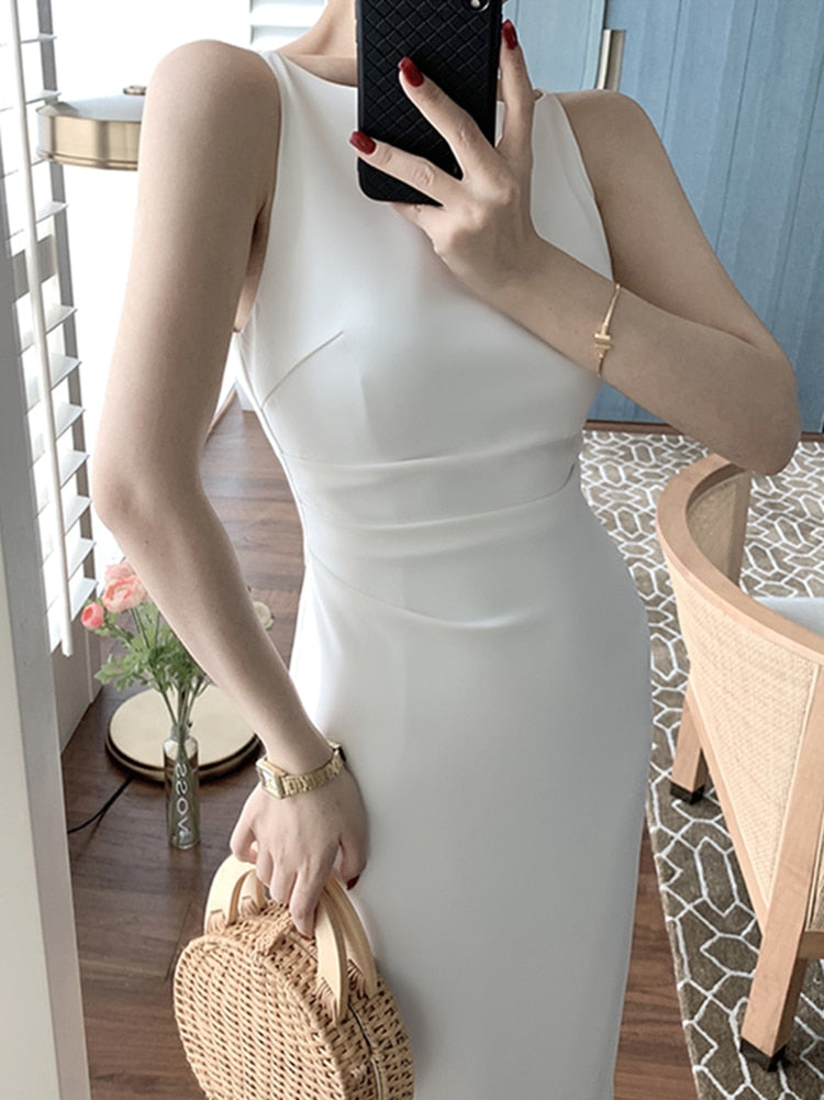 Sixsr New Women Summer Fashion Spaghetti Strap Sleeveless Sexy Dress Female Elegant Evening Midi Dress