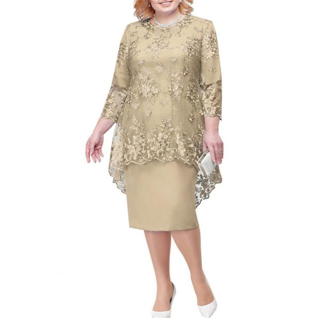 sixsr Women Plus Size Dress O-neck Midi Loose Dress M-5XL Lady Evening Lace Mesh Sexy Elegant Dress Female Clothing Summer Autumn