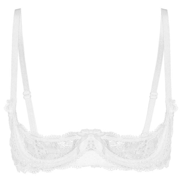 sixsr Women See Through Sheer Lace Hollow Out Lingerie Adjustable Spaghetti Shoulder Straps Open Cups Bra Push Up Underwire Bra Tops