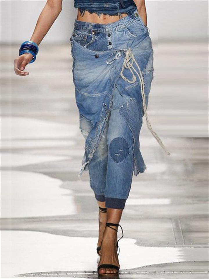 Stylish Mid-Rise Ripped Design Pocket Denim Trousers
