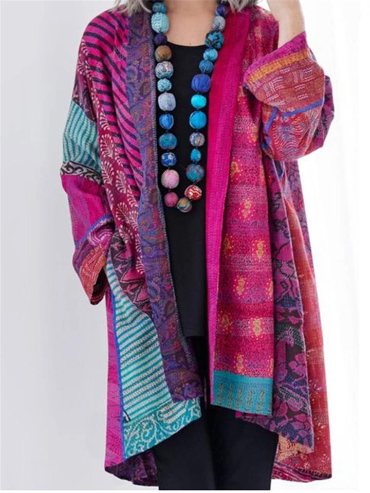 Ethnic Style Striped Printed Cotton Linen Midi Length Coat