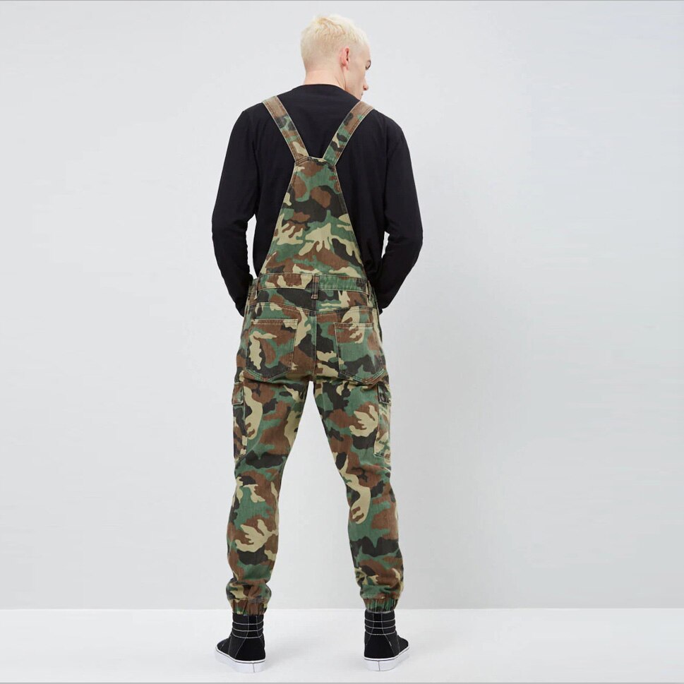 New Fashion Camouflage Design Jeans Denim Overalls Men Casual Wash Skinny Bib Overalls Jeans Male Jumpsuit Jean Pant
